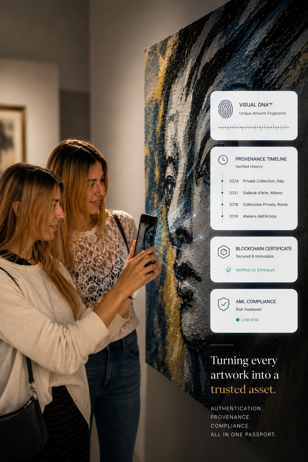 Two people using MIRAS to scan and authenticate an artwork — Visual DNA, Provenance, Blockchain and AML compliance verified in one passport